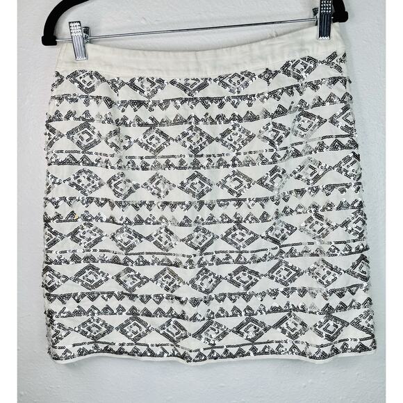 Banana Republic Sequin Linen White Mini Skirt Y2K Geo Pattern Size 6 - Picture 3 of 7